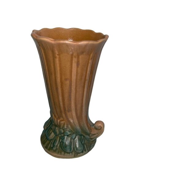 McCoy Vintage 1930s Cornucopia Vase Brown Green Leaves And Fruit Design Crazing - Picture 6 of 7